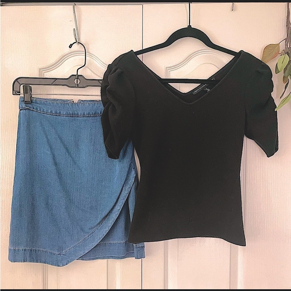 White House Black Market Asymmetric Short Denim Skirt & Black Ruched Sleeve Top